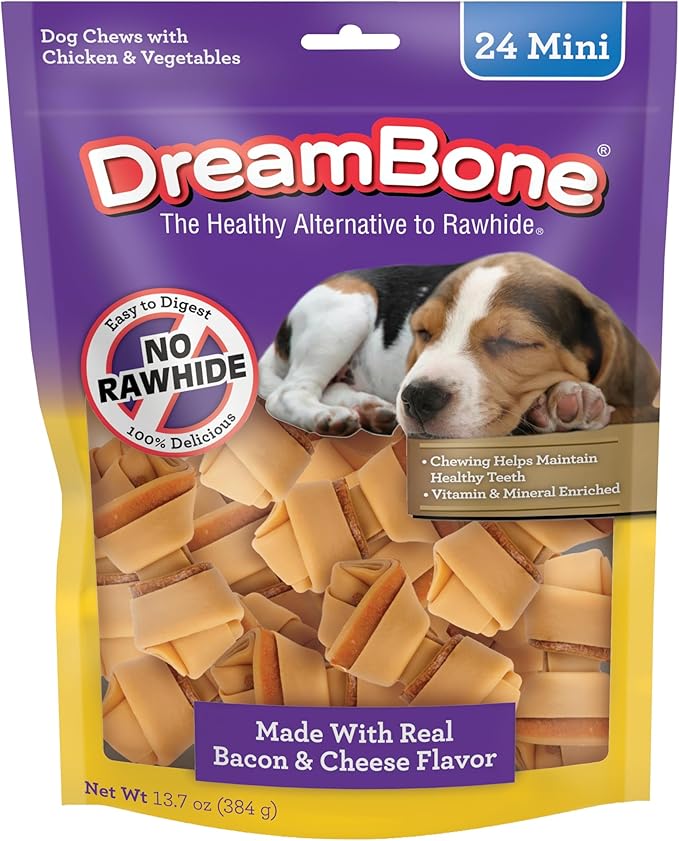 DreamBone Mini Chews, Made with Real Bacon and Cheese Flavor, Rawhide Free Dog Chews, 24 Count