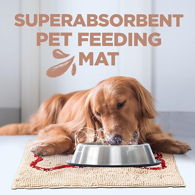 Soggy Doggy Slopmat Dog Food Mat – Absorbent Microfiber Chenille Pet Feeding Mat for Food & Water Bowls, Muddy Paws Small Doormat, Non-Slip, Machine Washable Rug – Beige/Red Bone, 18” x 24”