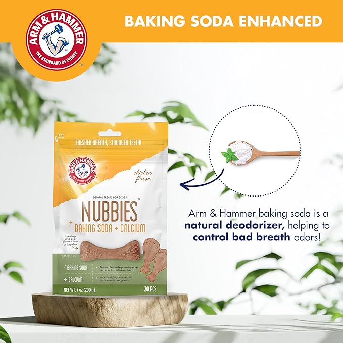 Arm & Hammer for Pets Nubbies Dental Treats - Baking Soda & Calcium Dog Dental Chews, Nubbed Texture Helps Scrub Plaque & Tartar While Chewing, Chicken Flavor, 20 Count, 7 Ounce