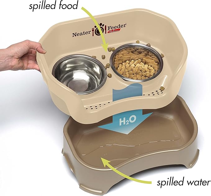 Neater Feeder Deluxe Mess-Proof Elevated Cat Bowls, 2 Height Adjustable (6” & 7.5”) No-Spill Raised Cat Bowl Stand, Whisker Friendly Stainless Steel Dishes for Indoor Cats, Made in USA, Cappuccino
