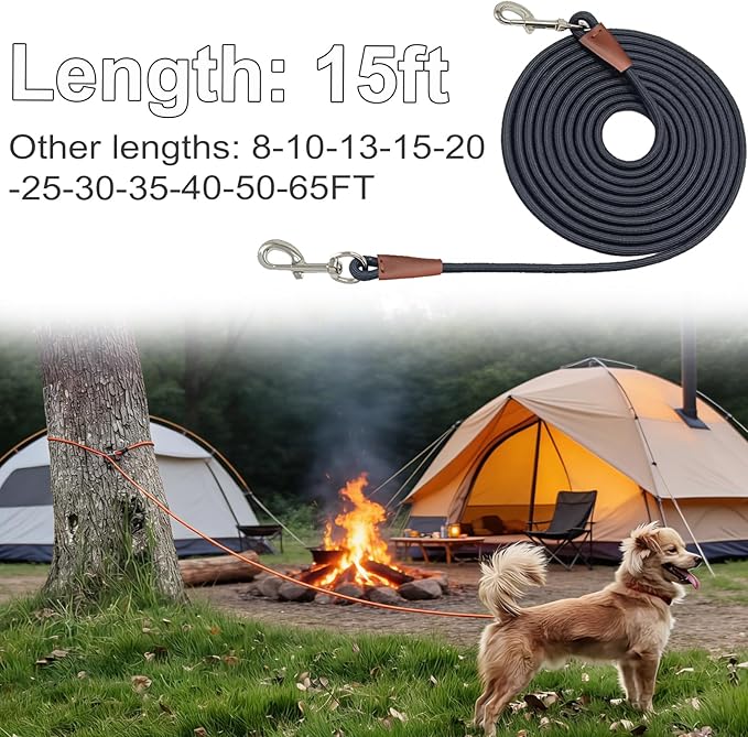 Tie Out Rope Dog Leash, Long Tether 8-10-13-15-20-25-30-35-40-50-65 FT Heavy Duty Nylon Check Cord for Medium Large Dogs Indoor/Outdoor Camping Backyard (Black, 3/8" x 15ft)