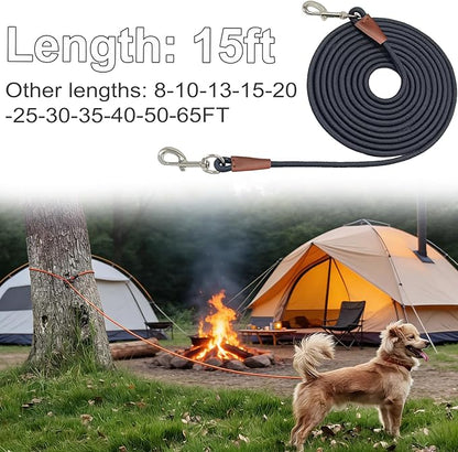 Tie Out Rope Dog Leash, Long Tether 8-10-13-15-20-25-30-35-40-50-65 FT Heavy Duty Nylon Check Cord for Medium Large Dogs Indoor/Outdoor Camping Backyard (Black, 3/8" x 15ft)