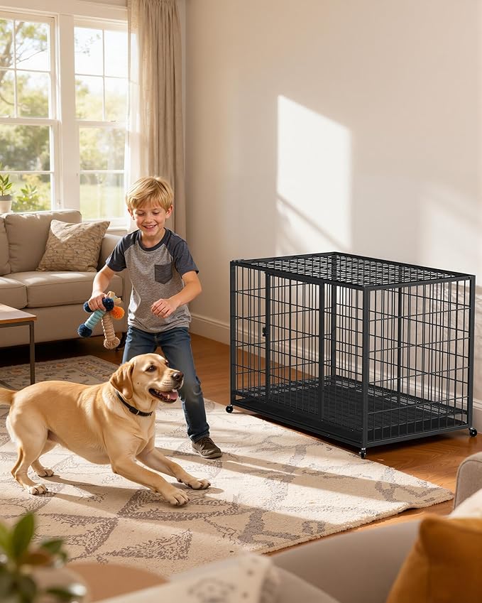 42 Inch Large Dog Crate, Escape Proof Dog Cage with Dual Door Lock and Swivel Casters,Removable Tray for Easy Cleaning, Dog Kennel Indoor Outdoor Use