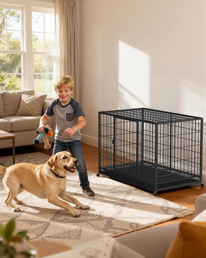 42 Inch Large Dog Crate, Escape Proof Dog Cage with Dual Door Lock and Swivel Casters,Removable Tray for Easy Cleaning, Dog Kennel Indoor Outdoor Use