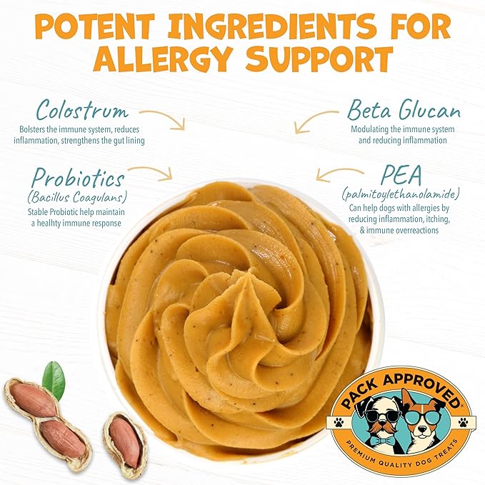 Pack Approved Dog Peanut Butter - Aids Dog Itching Skin Relief & Allergy Support with Colostrum - Contains Probiotics for Dogs Allergies and Itchy Skin - Allergy (239g)