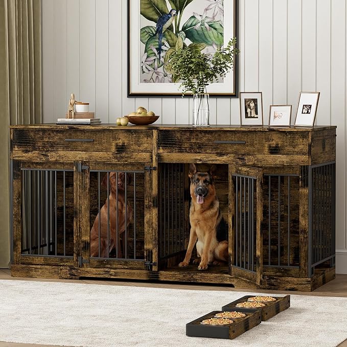 Rophefx 72" Dog Crate Furniture for 2 Dogs, Large Dog Kennel Furniture with 2 Storage Drawer and 4 Bowls, Wooden Dog Cage with Removable Divider, Indoor Dog House TV Stand for Medium Dog, Rustic Brown