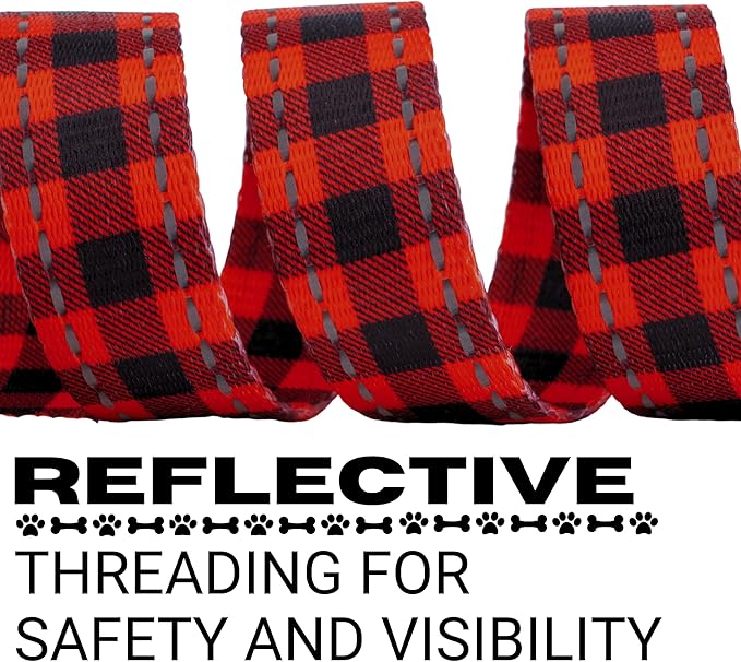 EcoBark Dog Leash - Soft & Reflective Comfort Leash with Padded Handle - Safe, Strong, & Durable for Small, Medium or Large Dogs (Red Buffalo Plaid)
