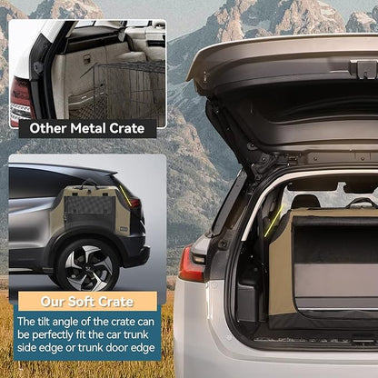PETSFIT Dog Travel Crate, Collapsible Dog Crate- 30 Inch Sturdy Adjustable Structure, Easy to Set Up, Portable Soft Dog Kennel for Car, Light Tough with 3 Mesh Doors, Army Green
