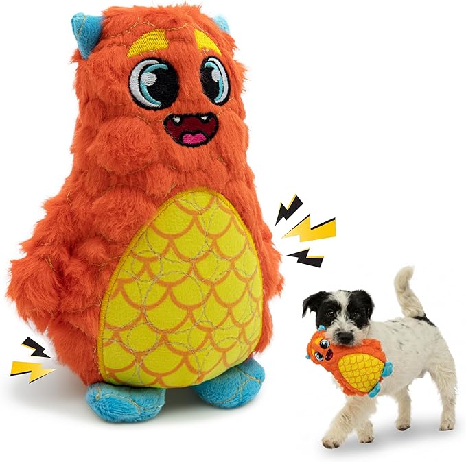 Bite Force - Durable & Strong Dog Toy Orange Monster with Squeaker, Kevlar-Reinforced for Aggressive Chewers.