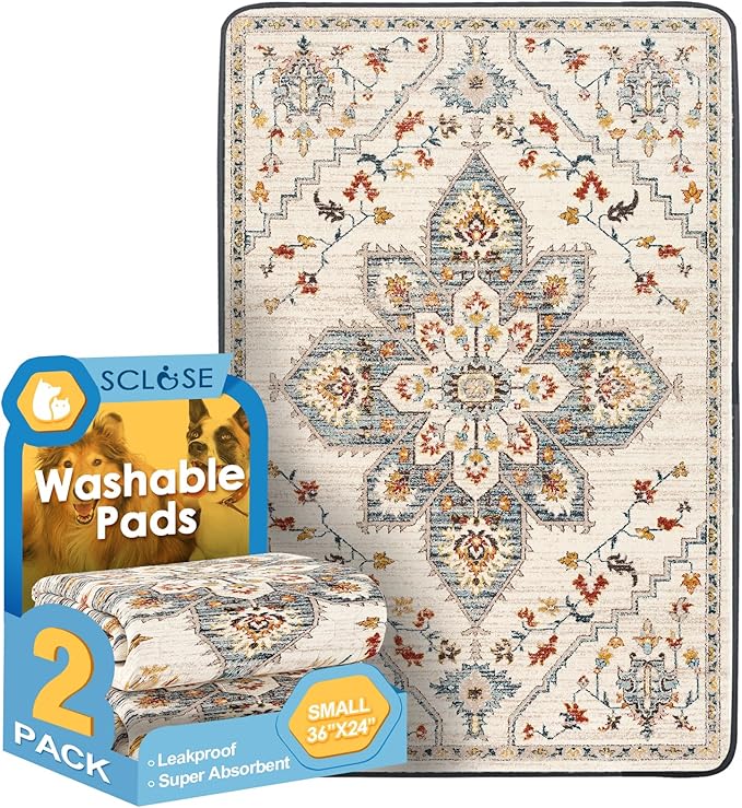 SCLOSE Washable Pee Pads for Dogs 2 Pack, 36" x 24" Reusable Puppy Pads Waterproof, Super Absorbent Dog Rugs, Leakproof, Dog Crate Pad, Playpen Mat, Whelping Pads, White Medallion