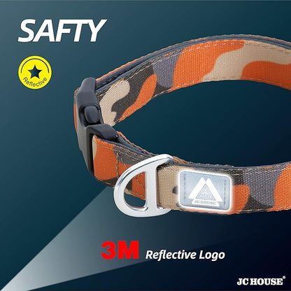 Soft Padded Dog Collar, Neck 12’’-20’’, Adjustable Heavy Duty Collar with 3M Reflective Logo for Medium, Large Dogs, Camo Orange, M