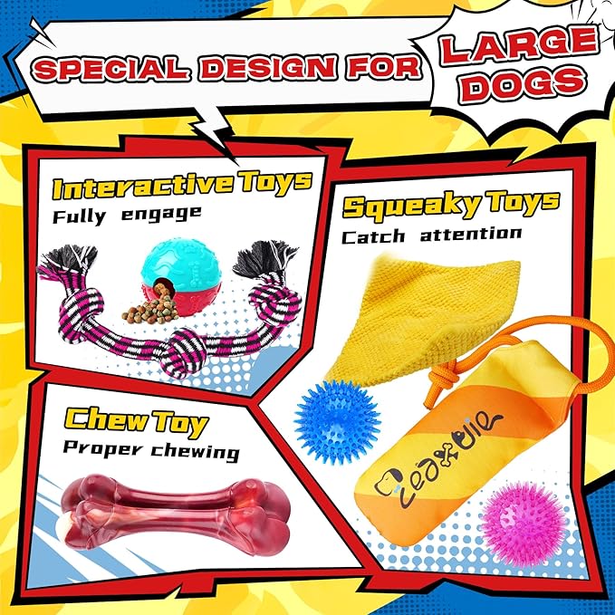 Zeaxuie 12 Pack Long-Lasting Heavy Various Dog Chew Toys Pack for Aggressive Chewers,Includes Dog Rope Toy,Squeaky Toys & Indestructible Chew Bone for Medium,Large & X-Large Breeds Dogs