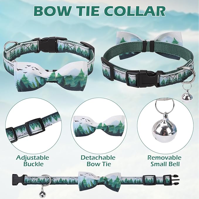 EXPAWLORER Small Dog Collar and Leash Set - Adjustable Dog Bandana Collar with Bell, Cute Dog Collar with Bow, Green Trees Pattern Pet Collar for Small Dogs Cats for Walking Training
