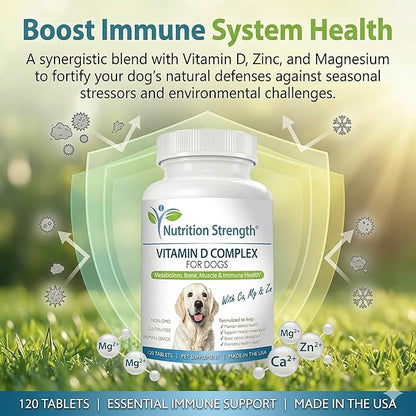 Vitamin D for Dogs with Calcium, Magnesium and Zinc to Support Strong Teeth, Bones and Muscles, Promote Mineral Metabolism and a Healthy Immune Function, 120 Chewable Tablets