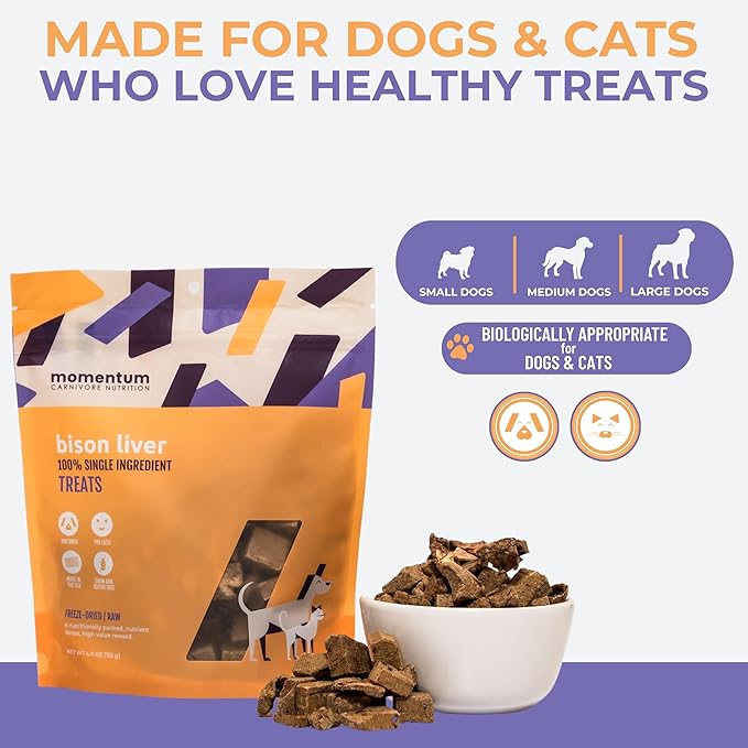 Momentum Carnivore Nutrition Freeze-Dried Bison Liver Dog Treats & Cat Treats – Single-Ingredient, High-Protein, Grain-Free, Lean Novel Protein – Made in USA – 4 oz Bag