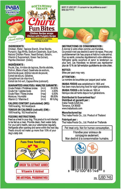INABA Churu Fun Bites for Dogs, Soft & Chewy Baked Chicken Wrapped Filled Dog Treats with Vitamin E, 0.42 Ounces per Tetra, 8 Tetras per Box, Chicken with Pumpkin Recipe