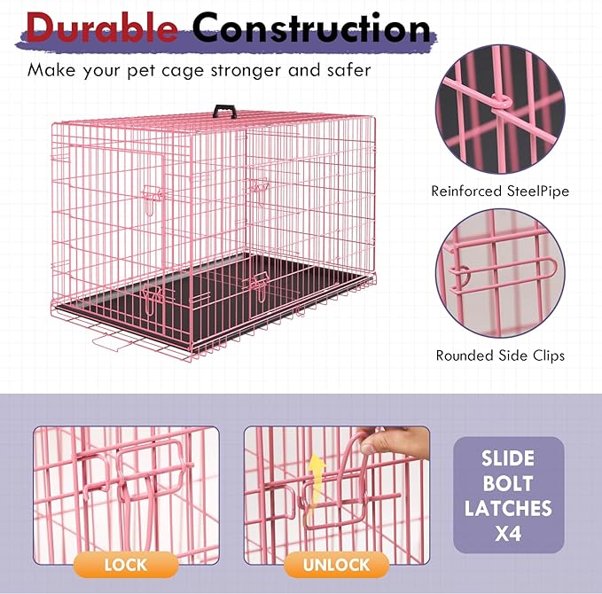 PayLessHere Large Dog Crate Kennel for Medium Large Dogs 30 inches Metal Dog Cage Double-Door Folding Travel Indoor Outdoor Puppy Playpen with Divider and Handle Plastic Tray,Pink