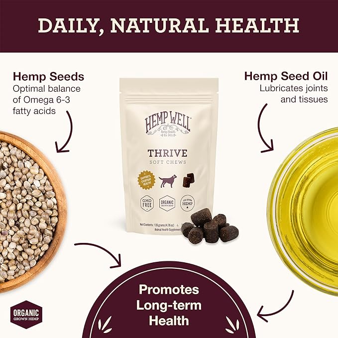 Hemp Well Thrive Chews for Dogs – Supports Healthy, Skin, Hip, Joint, and Heart Health, Promotes Immune Support, Fights Seasonal Allergies, Organically Sourced – 30 Count