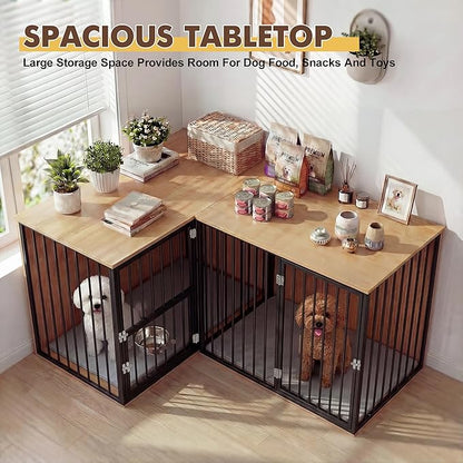 Dog Crate Furniture for 2 Dogs, Corner Heavy Duty Double Dog Kennel Furniture with Divider, Indoor Wooden Dogs Crate Large Breed (Black)