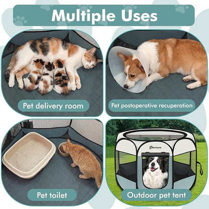 Dog Cat Playpen Indoor Outdoor for Puppy Pet Dogs Cat Recovery After Surgery, Dog Tent Crates Cage Indoor/Outdoor, Portable Pop Up Kennel with Carrying Case for Travel (Grey with Pad, Large)