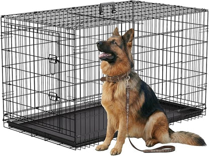 FDW 45 Inch Dog Crate for Large Dogs, Folding Metal Cage with Double Door & Leak-Proof Tray, Black