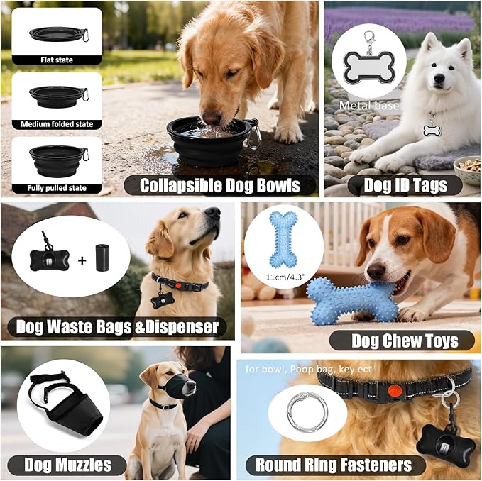 No Pull Dog Harness Adjustable Collar & Leash Set - Dog Halter Harnesses Collapsible Bowls & Poop Bag Dispenser Muzzle ID Tags Toys Fits Small Medium Large Dogs (Black-M)