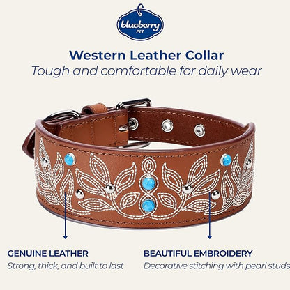 Blueberry Pet Western Dog Collar in Canyon Brown - 15-18 Inch Necks Floral-Embroidered Leather with Turquoise Studs, Dog Collars for Medium Dogs, Adjustable Leather Girl Dog Collar