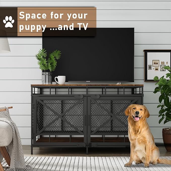Dog Crate Furniture, Wooden Dog Kennel Table, Heavy Duty Large Indoor Dog House with Three Doors, 43" Large Size (Retro Brown)