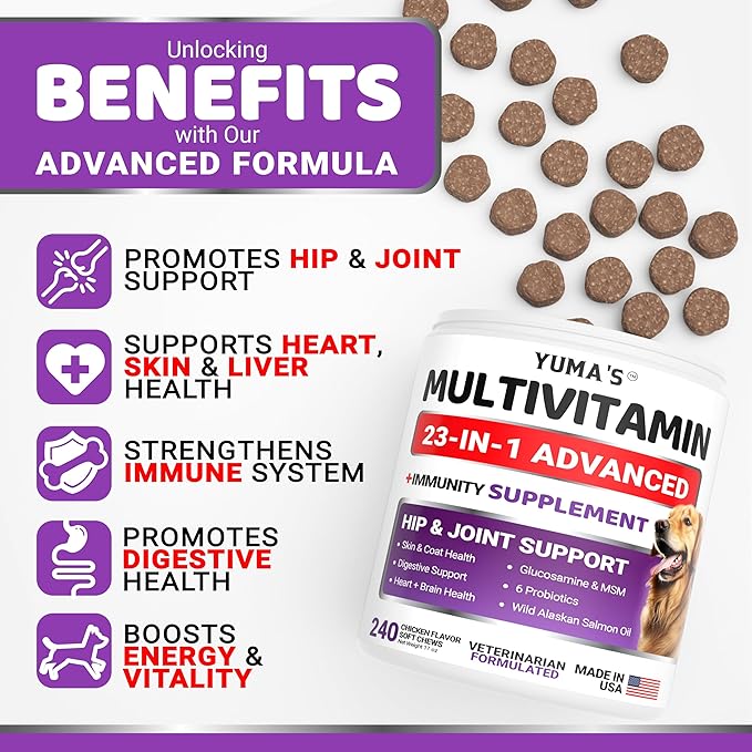 Dog Vitamins and Supplements - 240 Treats - Dog Multivitamin Chewable with Glucosamine - Senior & Puppy Multivitamin for Dogs - Hip & Joint Support - Immune Health, Skin, Heart, Digestion, Probiotics