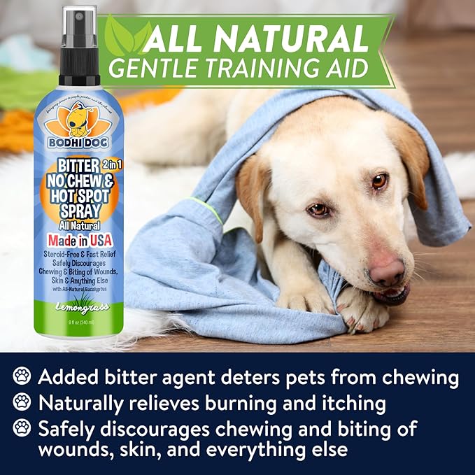 Bodhi Dog Bitter 2-in-1 No Chew & Hot Spot Spray - Natural Anti-Chew Remedy Better Than Bitter Apple - Soothes Hot Spots, Deters Chewing - Safe for Skin, Wounds & Furniture- Made in USA (8 Fl Oz)
