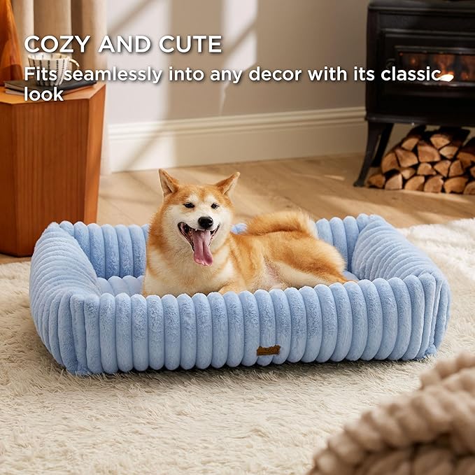 Bedsure ComfyFleece™ Washable Dog Bed for Large Dogs - Cute Furry Puppy Beds, Rectangle Orthopedic Corduroy Fleece Pet Beds with Removable Zipper Cover, 36x27x8inches, Blue