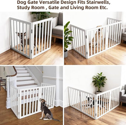 ZJSF Freestanding Indoor Dog Gate for House Foldable Wood White Puppy Gate for Doorways Pet Gate for Stairs Extra Wide Pet Fence 32" Height 2 Panels