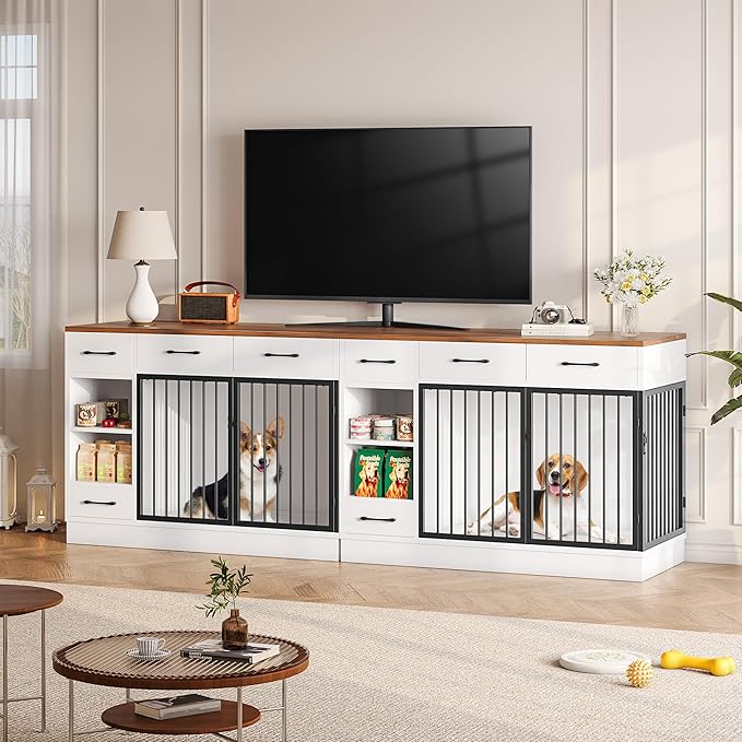 OtterOasis Large Dog Crate Furniture, 47.2'' Dog Kennel Indoor with 3 Storage Drawers and Hidden Feeding Bowl, Sturdy Wooden Dog Crate with 2 Doors and Adjustable Shelf for Small, Medium Dogs