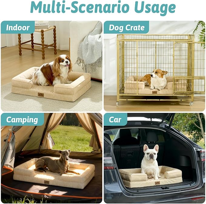 Cooling Dog Bed for Extra Large Dogs, Q-Max >0.4 Summer Cool Orthopedic Foam Pet Sofa Bed with Sides, Bolster Anti-Slip Couch with Washable Removable Cover, XXL 48x35x7.5 inch, Beige
