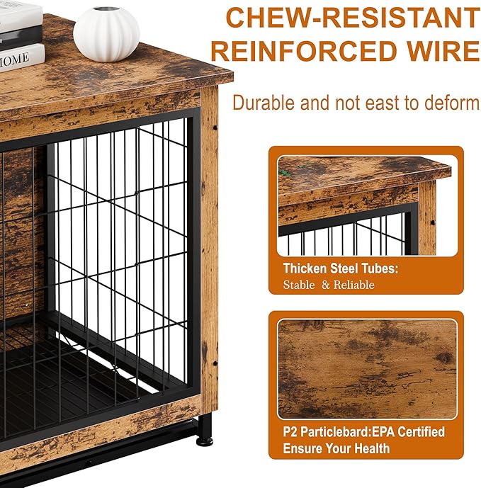 Vongrasig Dog Crate Furniture, Side End Table, Modern Wooden Kennel for Dogs Indoor, Heavy-Duty Dog Cage with Multi-Purpose Removable Tray, Double-Door Dog House, Rustic Brown