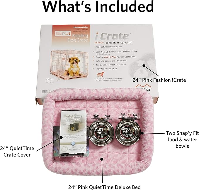 MidWest Homes for Pets Pink Fashion iCrate Starter Kit, 24-inch Dog Crate Bundle for Small Dogs, Includes Crate, Pet Bed, 2 Bowls and Privacy Cover