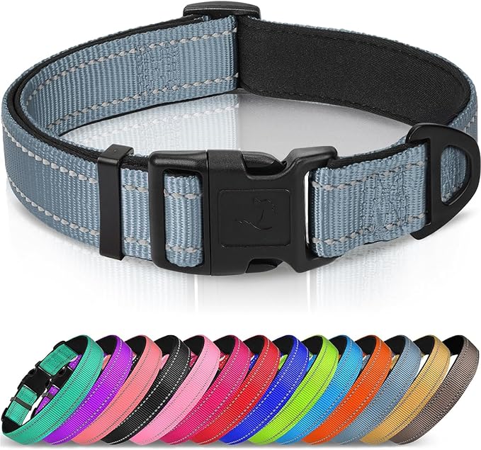 Joytale Reflective Dog Collar, Soft Neoprene Padded, Metal D-Ring, Nylon Pet Collar Adjustable for Extra Large Dogs, Gray, XL