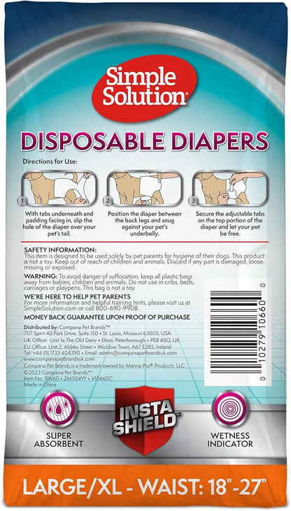 Simple Solution Disposable Dog Diapers, Female Dog-Diapers, Puppy Potty Training, Incontinence and Heat Cycle Protection, Large-Diapers for Dogs, 18-27 Inch Waist, 30 Count (Pack of 2)