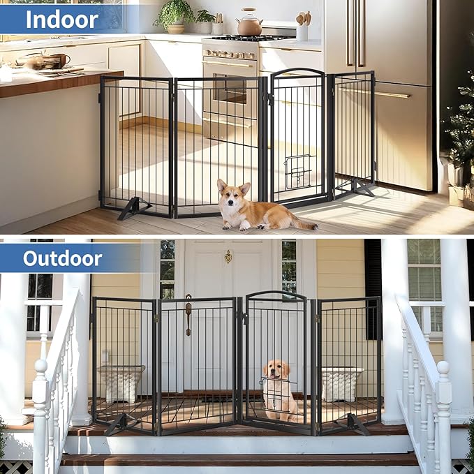 Full Metal Freestanding Dog Gate with Cat Door for Indoor & Outdoor,32" Tall Foldable Dog Fence,80" Extra Wide Freestanding Pet Gate for Large Openings,Stairs,Deck,Yard,Doorways(4 Panels,Black)