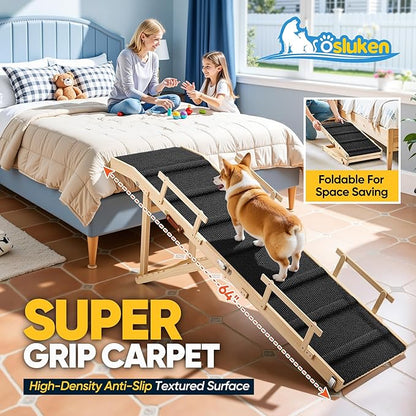 Dog Ramp for Bed with Rails, 64" Long Foldable Pet Ramp for Small Large Dogs, Dog Ramps for High Beds with Safety Side Railng, 6 Adjustable Heights 24" to 30" Up to 220LBS (Black, 63" X 17inch)