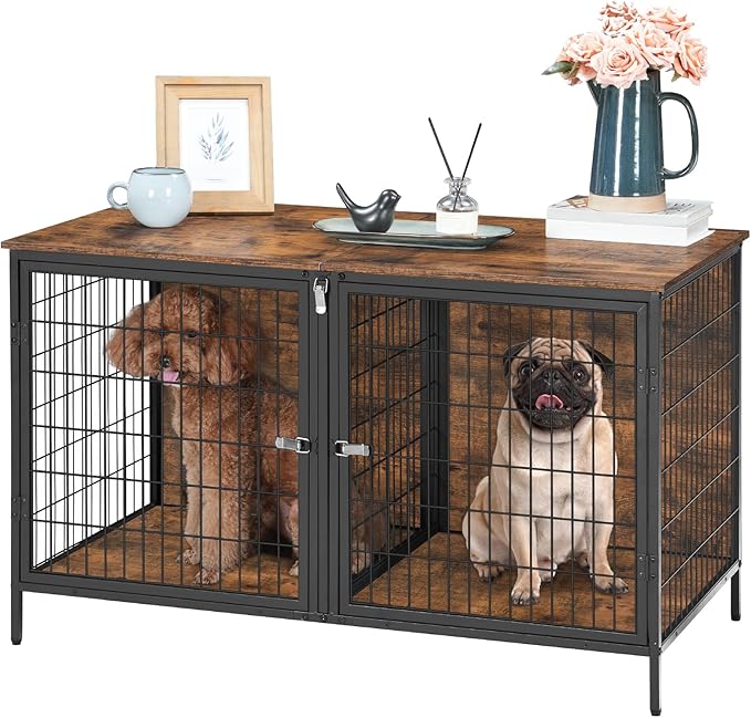 MAHANCRIS Dog Crate Furniture for 2 Dogs, 43.3" Dog Kennel with Removable Divider, Heavy Sturdy Dog Furniture Style Double Cage for Small Medium Dog, Indoor Pet House End Table, Rustic Brown DCHR1201