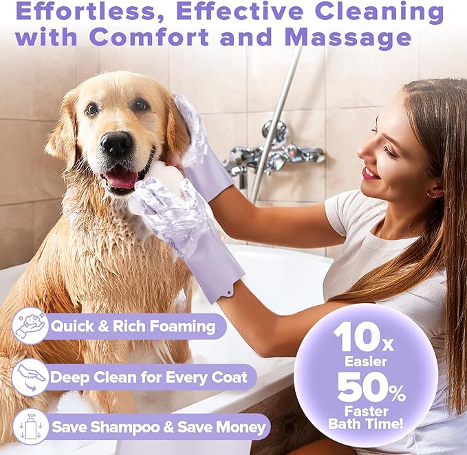 Augwind 6PCS Pet Grooming Kit for Dogs,Cats and Horses | Dog Washing Gloves | Dog Bath Brush | Dog Bath Gloves | Dog Shampoo Brush | Pet Grooming Gloves | Dog Bath Supplies (Purple)