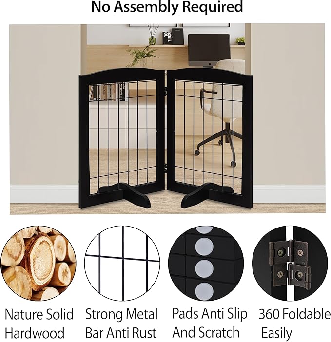 LZRS 2-Panel Freestanding Adjustable Wooden Dog Gate—30” Tall Foldable Pet Barrier with Support Feet, Solid Hardwood & Chew-Resistant Steel Wire for Doorways, Hallways, and Stairs, Black