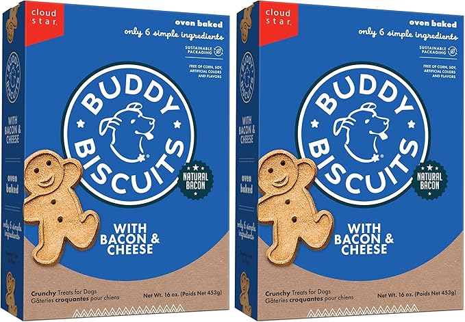 Buddy Biscuits 16 oz. Box of Crunchy Dog Treats Made with Bacon & Cheese (Pack of 2)