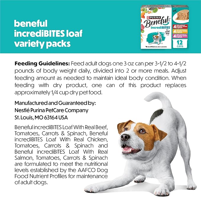 Purina Beneful Small Breed Wet Dog Food Variety Pack, IncrediBites Loaf, Chicken, Beef and Salmon Flavors - (2 Packs of 12) 3 oz. Cans
