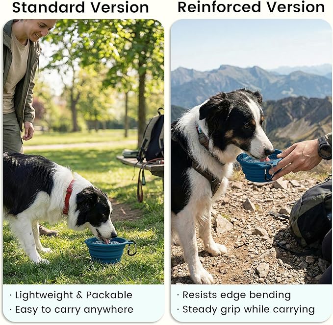 OHMO Collapsible Dog Water Bowls w/Built-in Stainless Steel Ring – 2pcs Large 27oz/800ml Portable Silicone Pet Feeding Bowl for Hiking, Camping, Travel