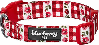 Blueberry Pet Spring Scent Inspired Dainty Flower Dog Collar, Red Check, Adjustable Dog Collar for Small Dogs, Size Small, Neck 12-16"