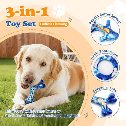 Furdog Indestructible Dog Toys for Aggressive Chewers 3 Pack, Tough Dog Toys for Large Dogs Chew Toys Keep Them Busy, Bacon Flavor, Blue