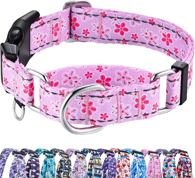Reflective Martingale Collar for Dogs with Quick Release Buckle Cute Girl Female Flower Dog Collars (Pink Floral, Large)