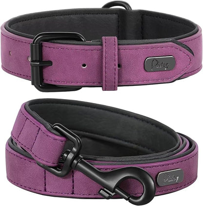 Didog Soft Padded Leather Dog Collar and Leash Set, Adjustable Dog Lead and Collar Set with Metal Buckle, Breathable Pet Collars with 4FT PU Leather Leash for Small Medium Dogs, Purple, M